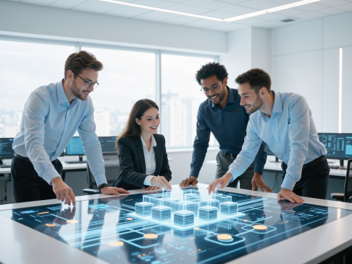 公司团队办公环境,现代化办公室内技术人员正在讨论AI项目,明亮自然光,商务装束,专业氛围