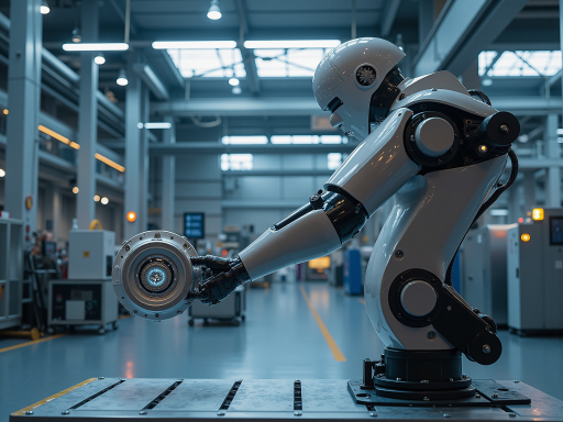 制造业工厂车间内景,现代化生产线设备,工人操作机械臂,工业4.0概念,蓝色灯光,专业环境